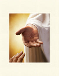 Disciples hand reaching for the hand of Jesus with nail marks visible in his hand
