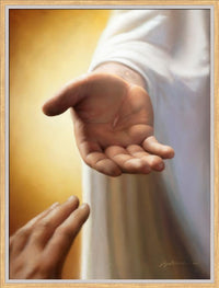 Disciples hand reaching for the hand of Jesus with nail marks visible in his hand