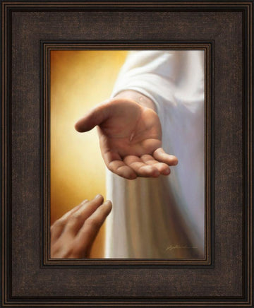 Disciples hand reaching for the hand of Jesus with nail marks visible in his hand