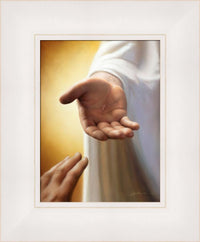 Disciples hand reaching for the hand of Jesus with nail marks visible in his hand