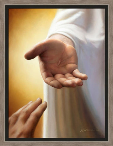 Disciples hand reaching for the hand of Jesus with nail marks visible in his hand