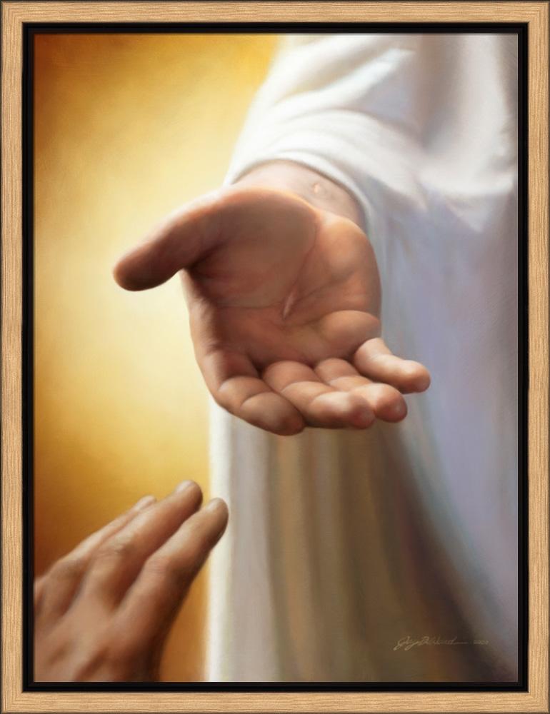Disciples hand reaching for the hand of Jesus with nail marks visible in his hand