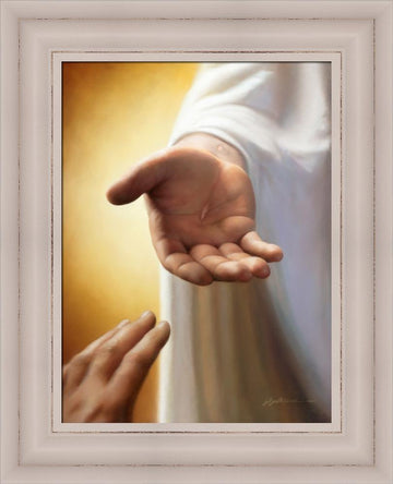 Disciples hand reaching for the hand of Jesus with nail marks visible in his hand