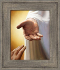 Disciples hand reaching for the hand of Jesus with nail marks visible in his hand