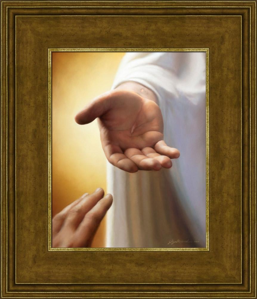 Disciples hand reaching for the hand of Jesus with nail marks visible in his hand