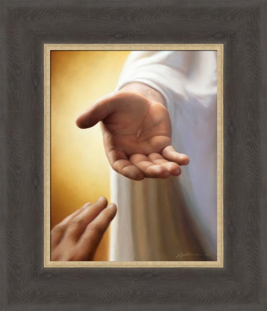Disciples hand reaching for the hand of Jesus with nail marks visible in his hand